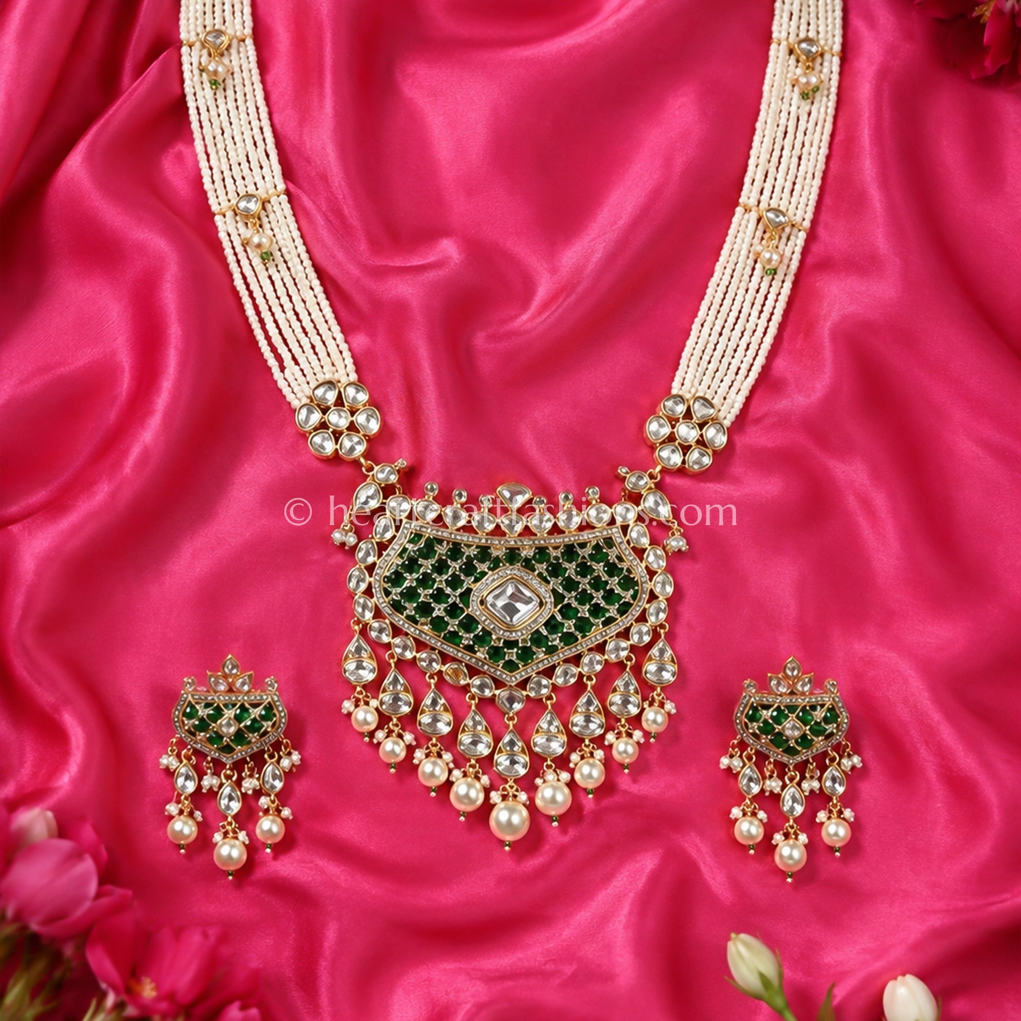 Emerald Green Sunehri Kundan Pearl Layered Necklace Set