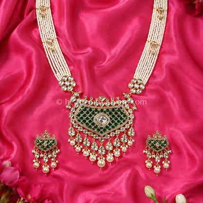 Emerald Green Sunehri Kundan Pearl Layered Necklace Set