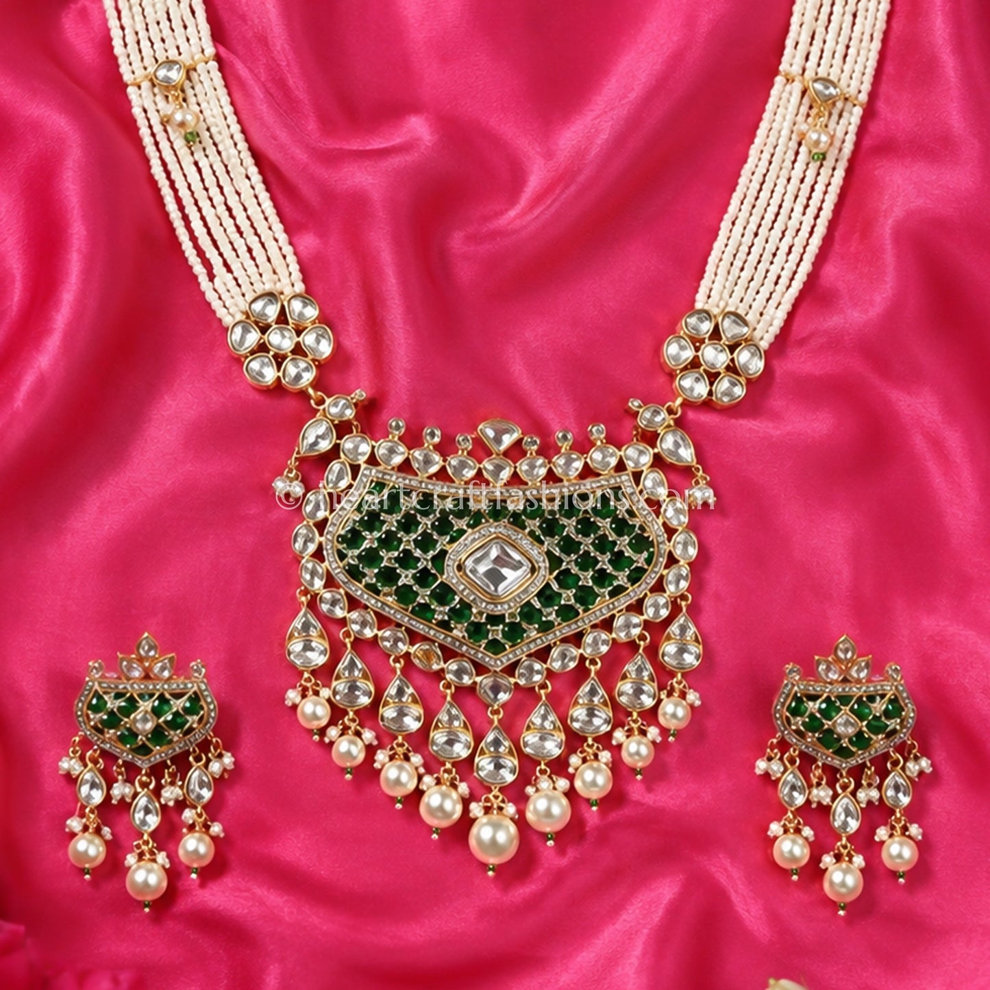 Emerald Green Sunehri Kundan Pearl Layered Necklace Set