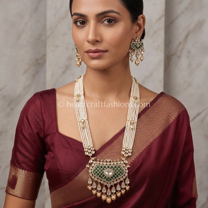 Emerald Green Sunehri Kundan Pearl Layered Necklace Set