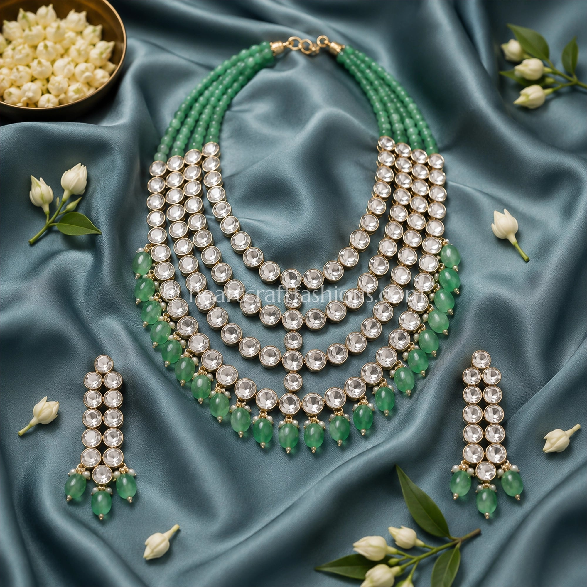 Emerald Green Sunehri Kundan Uncut Layered Rani Haar Set
