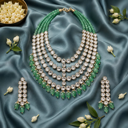 Emerald Green Sunehri Kundan Uncut Layered Rani Haar Set
