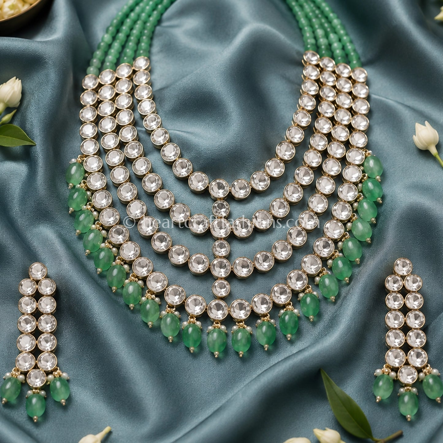 Emerald Green Sunehri Kundan Uncut Layered Rani Haar Set