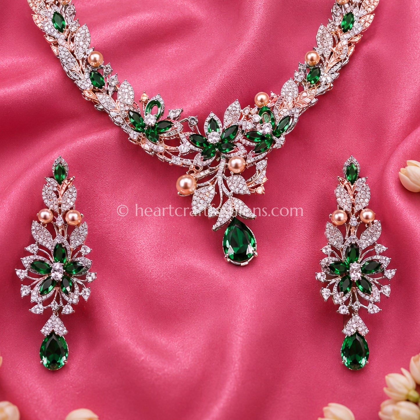 Emerald & Pearl Floral Vine Zircon Set