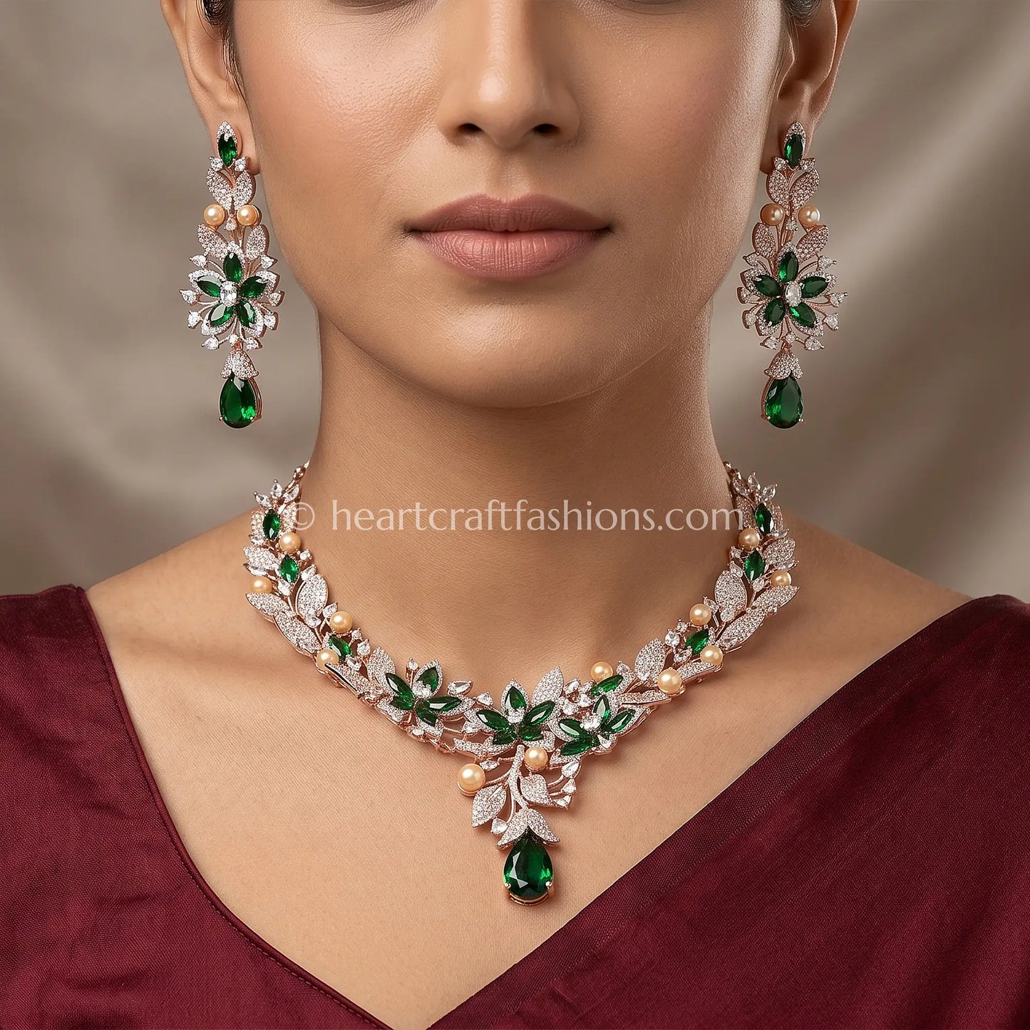 Emerald & Pearl Floral Vine Zircon Set