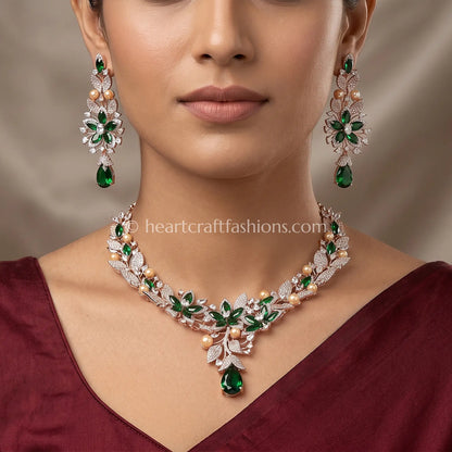 Emerald & Pearl Floral Vine Zircon Set