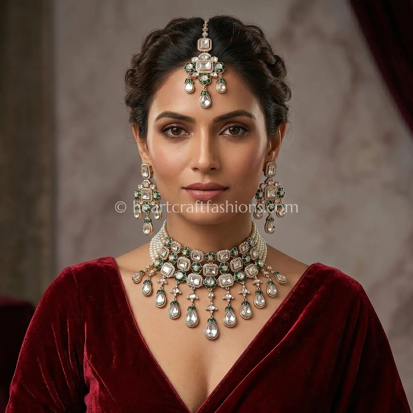 Emerald Semi-Precious Sunehri Kundan Bridal Choker Set