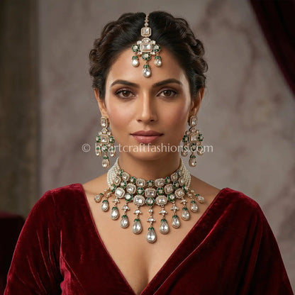 Emerald Semi-Precious Sunehri Kundan Bridal Choker Set