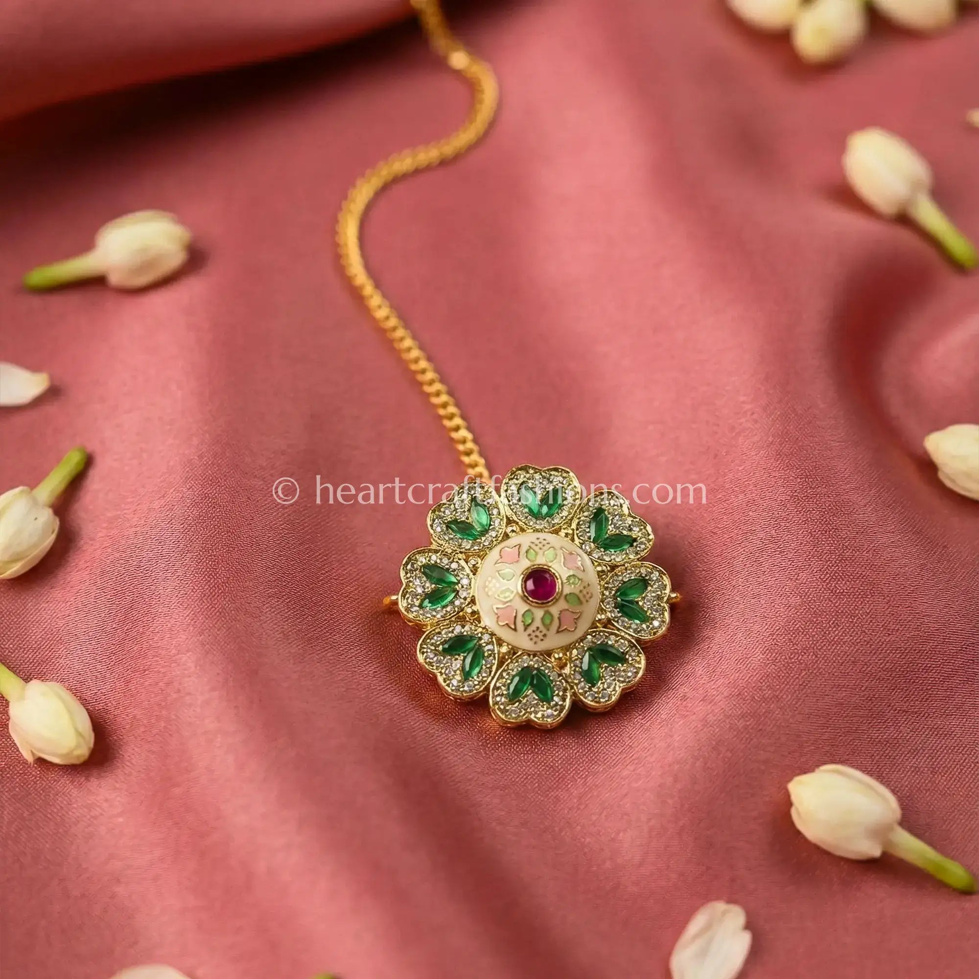 Floral Emerald Enamel Sunheri Kundan Borla