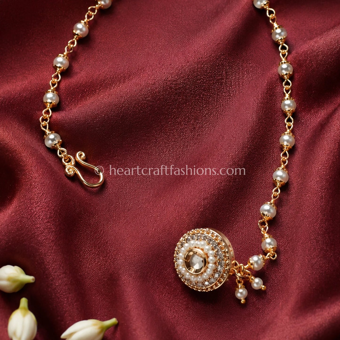 Full Clear CZ Round Medallion Pearl Nath with Chain