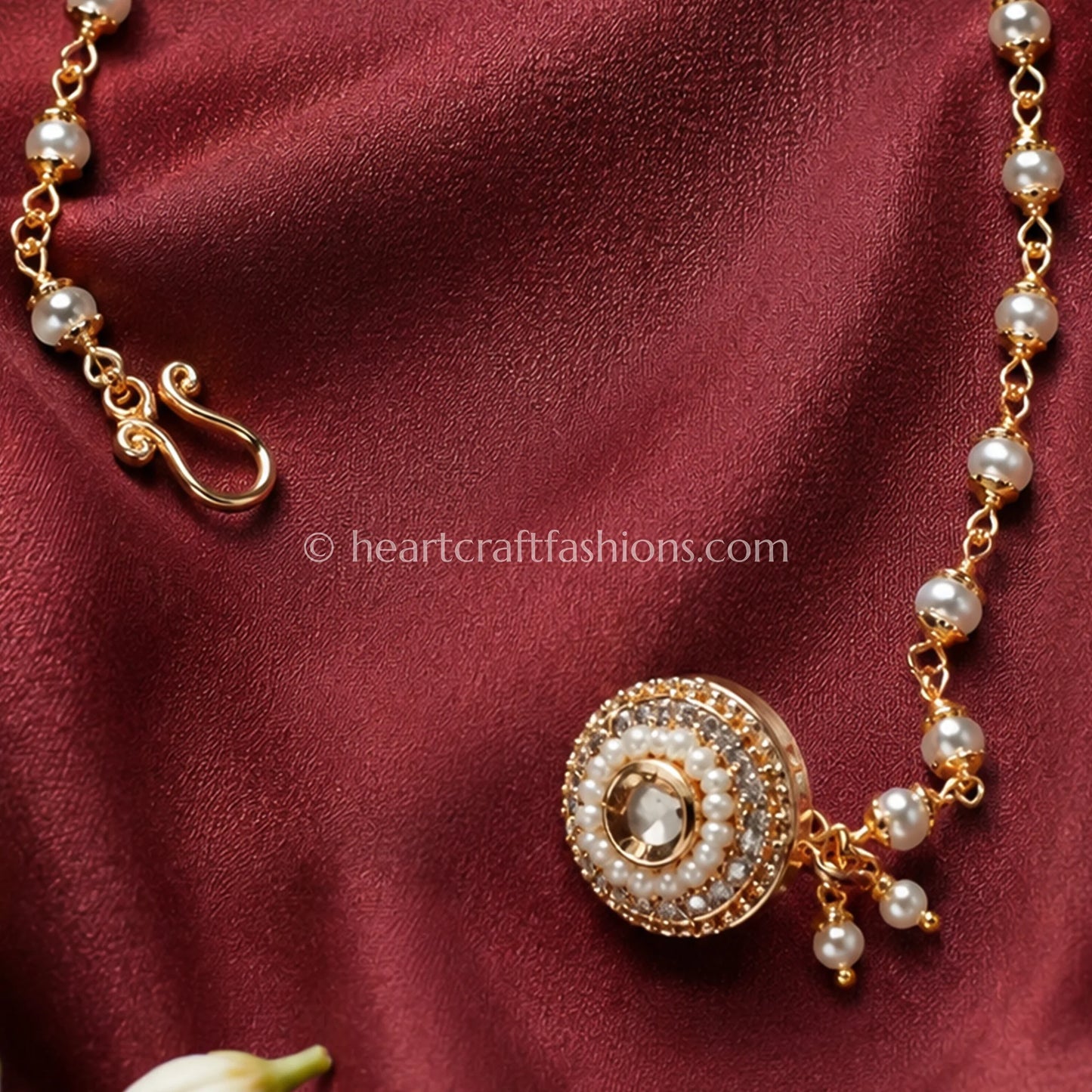 Full Clear CZ Round Medallion Pearl Nath with Chain