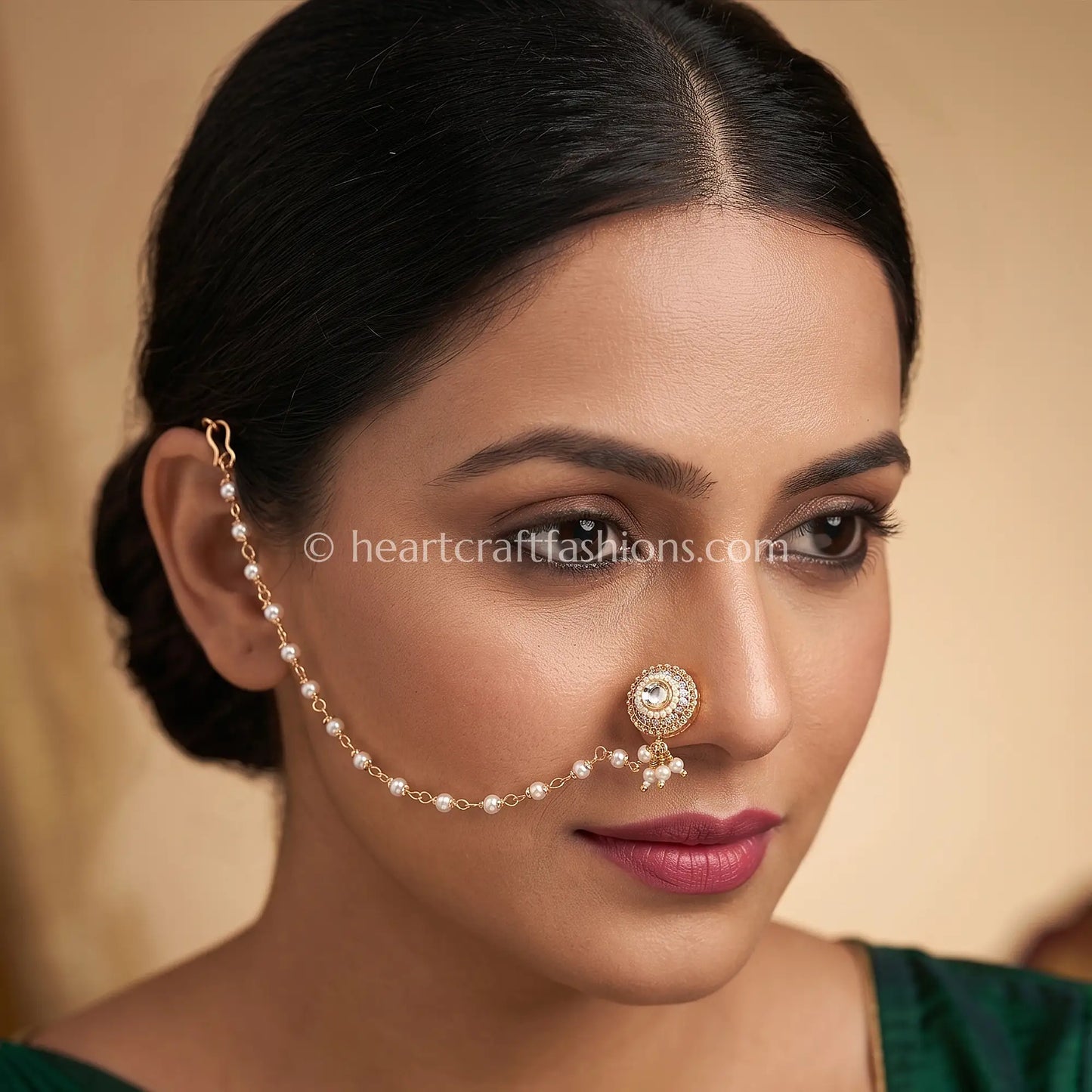 Full Clear CZ Round Medallion Pearl Nath with Chain