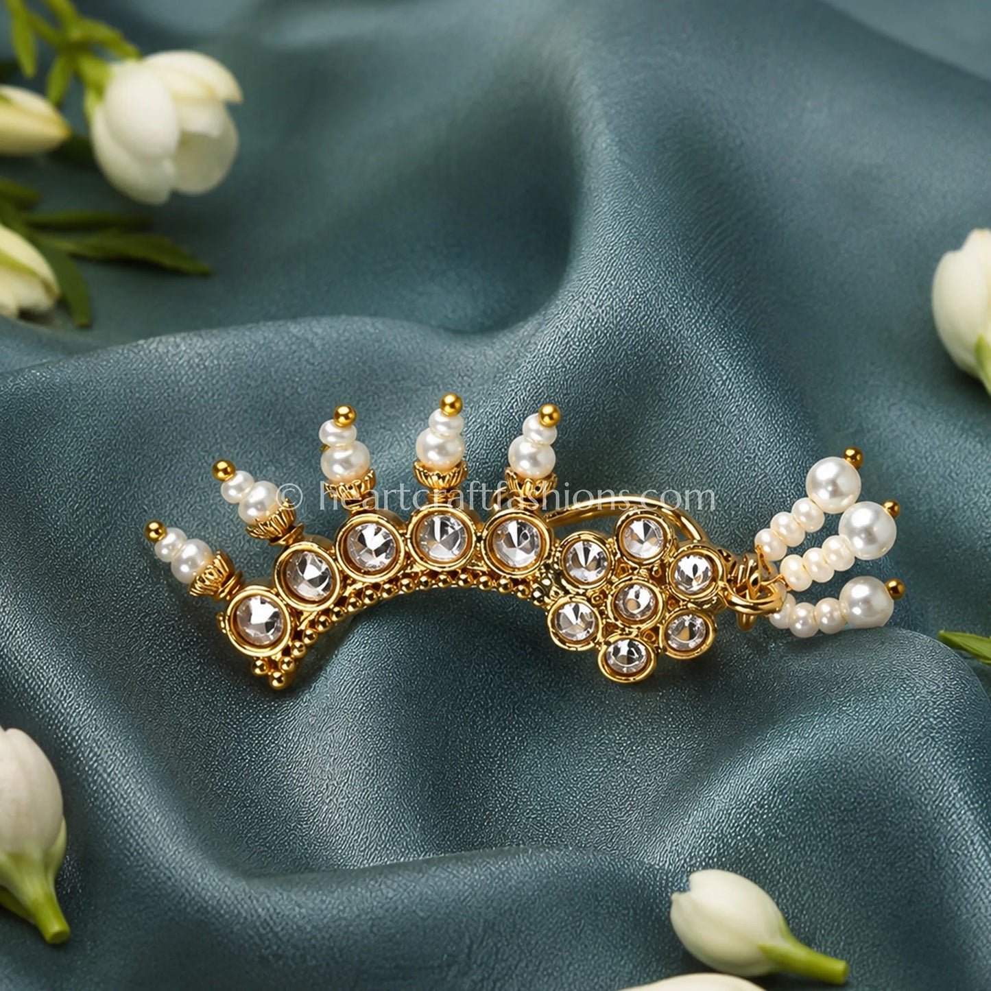 Full Clear CZ & Pearl Classic Curved Maharashtrian Nath