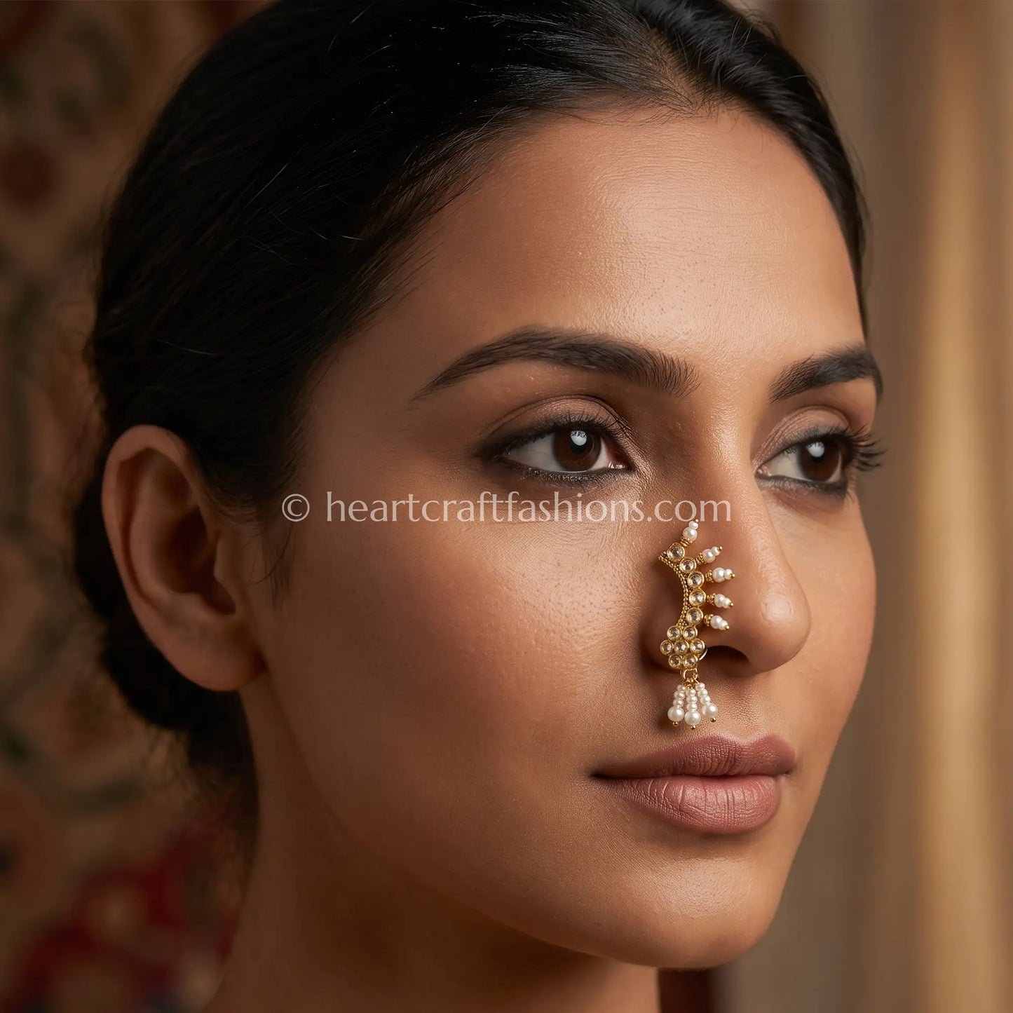 Full Clear CZ & Pearl Classic Curved Maharashtrian Nath