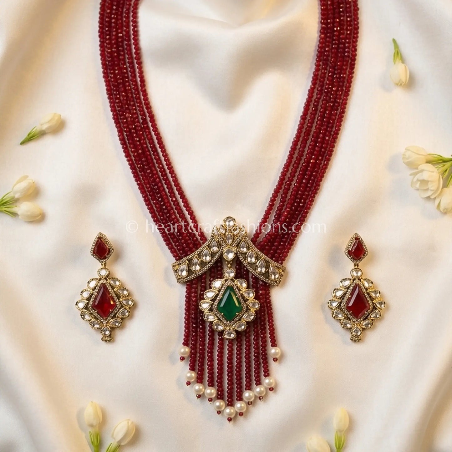 Grand Royal Ruby Red & Green Doublet Onyx Pirohi Sunehri Kundan Necklace