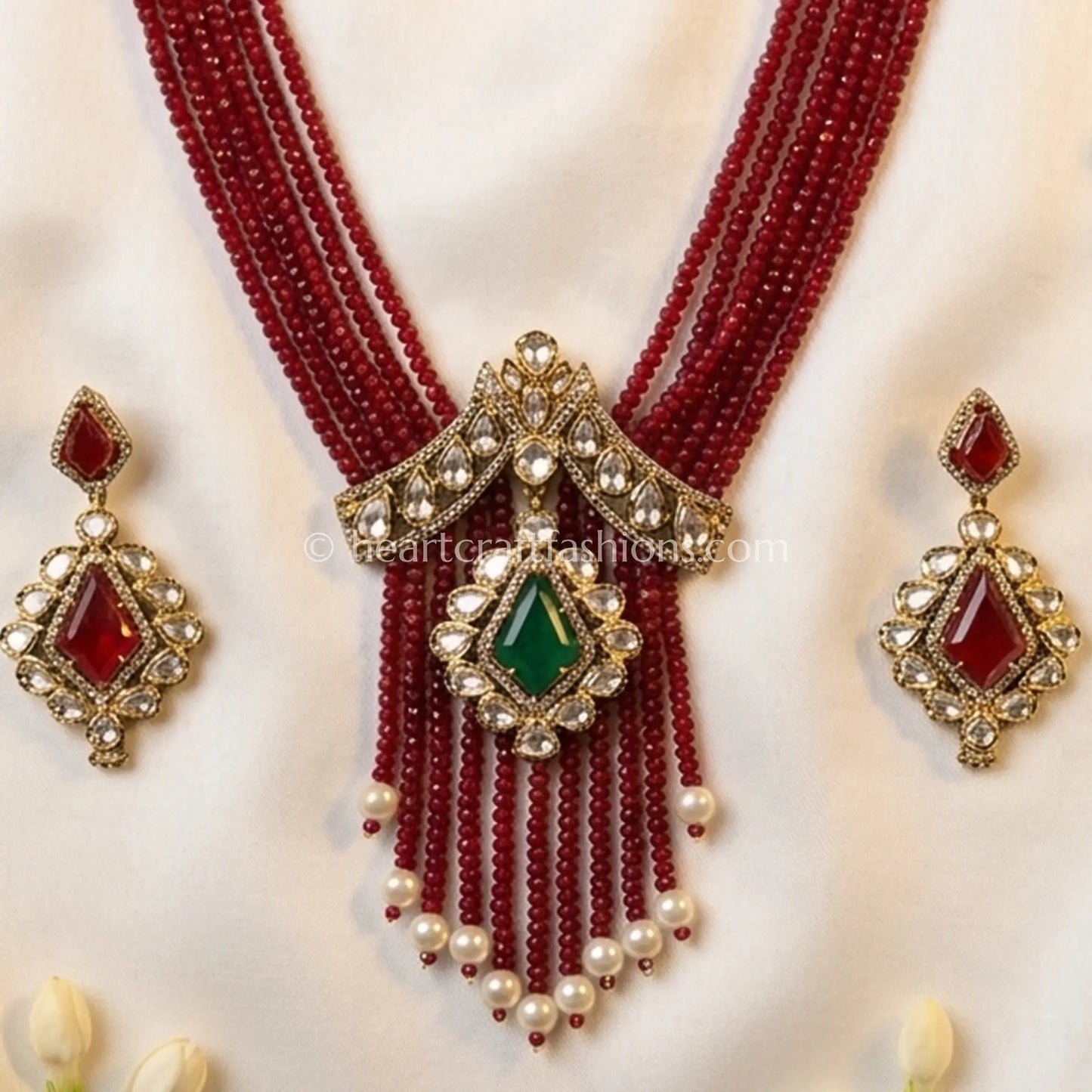 Grand Royal Ruby Red & Green Doublet Onyx Pirohi Sunehri Kundan Necklace