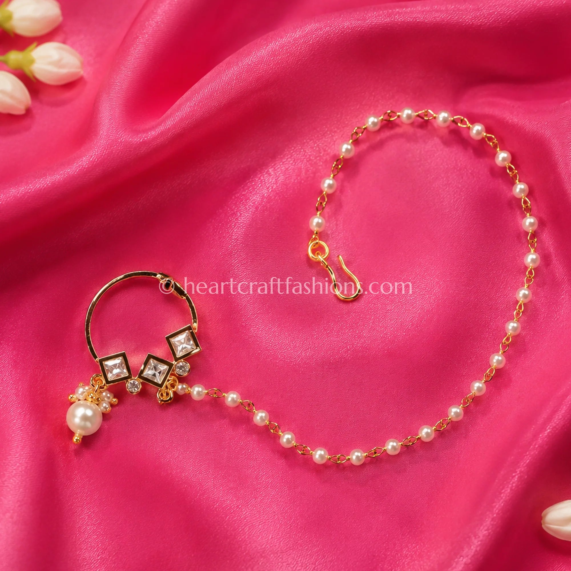 Geometric Square Sunehri Kundan Ring Nath with Chain