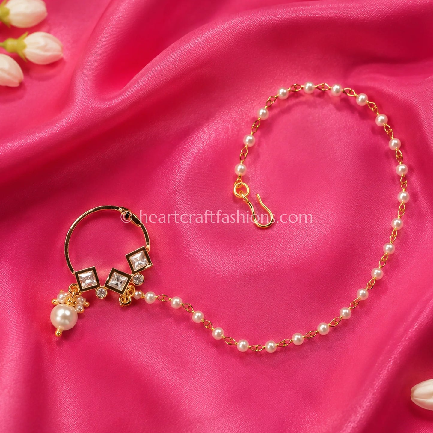 Geometric Square Sunehri Kundan Ring Nath with Chain