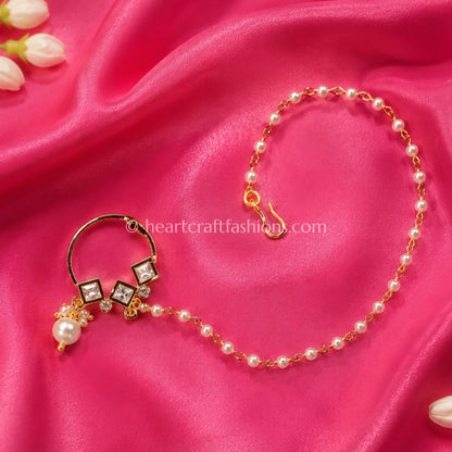 Geometric Square Sunehri Kundan Ring Nath with Chain