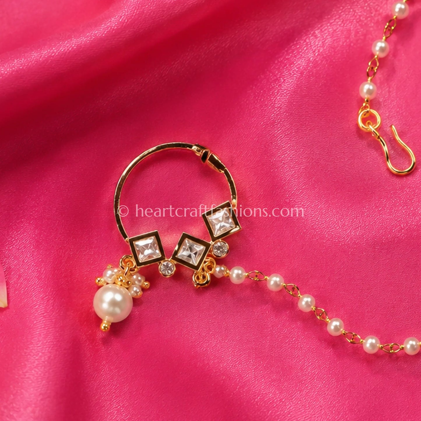 Geometric Square Sunehri Kundan Ring Nath with Chain