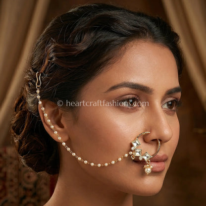 Geometric Square Sunehri Kundan Ring Nath with Chain
