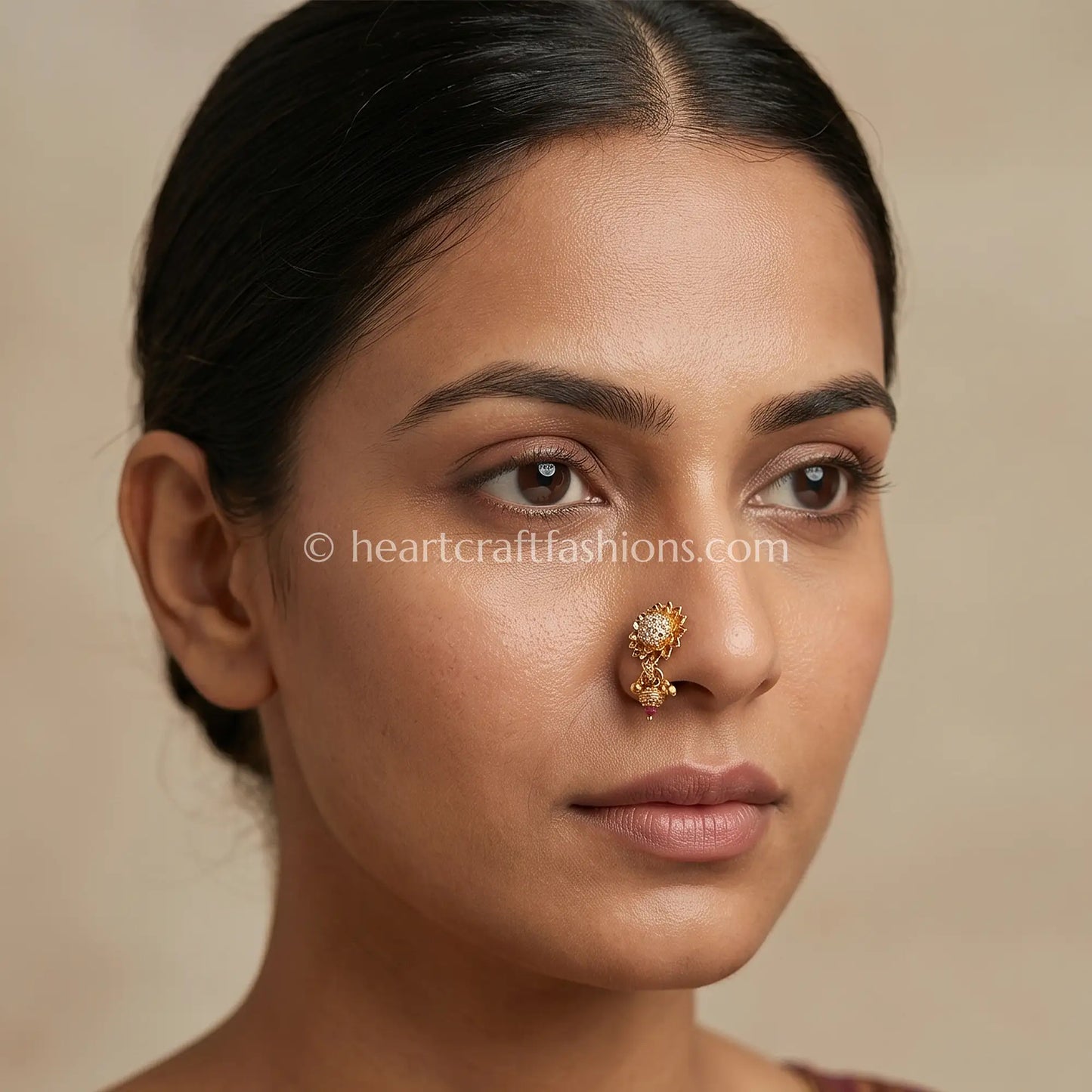 Gold Polish Solitaire Lotus Flower Maharashtrian Nath