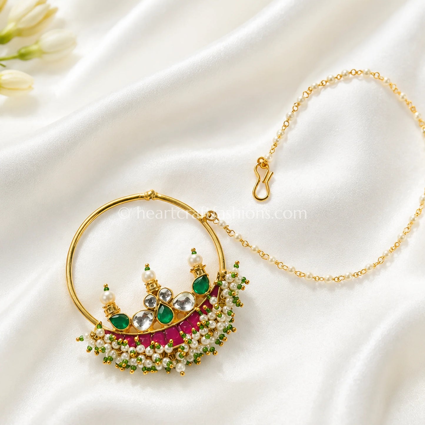 Grand Crown Crest Pachi Kundan Ring Nath with Chain