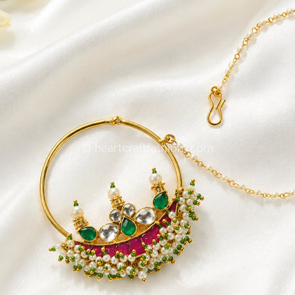 Grand Crown Crest Pachi Kundan Ring Nath with Chain