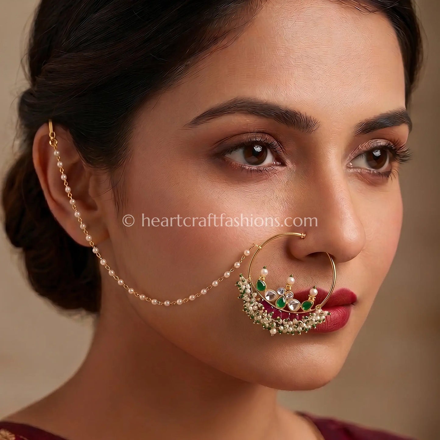 Grand Crown Crest Pachi Kundan Ring Nath with Chain
