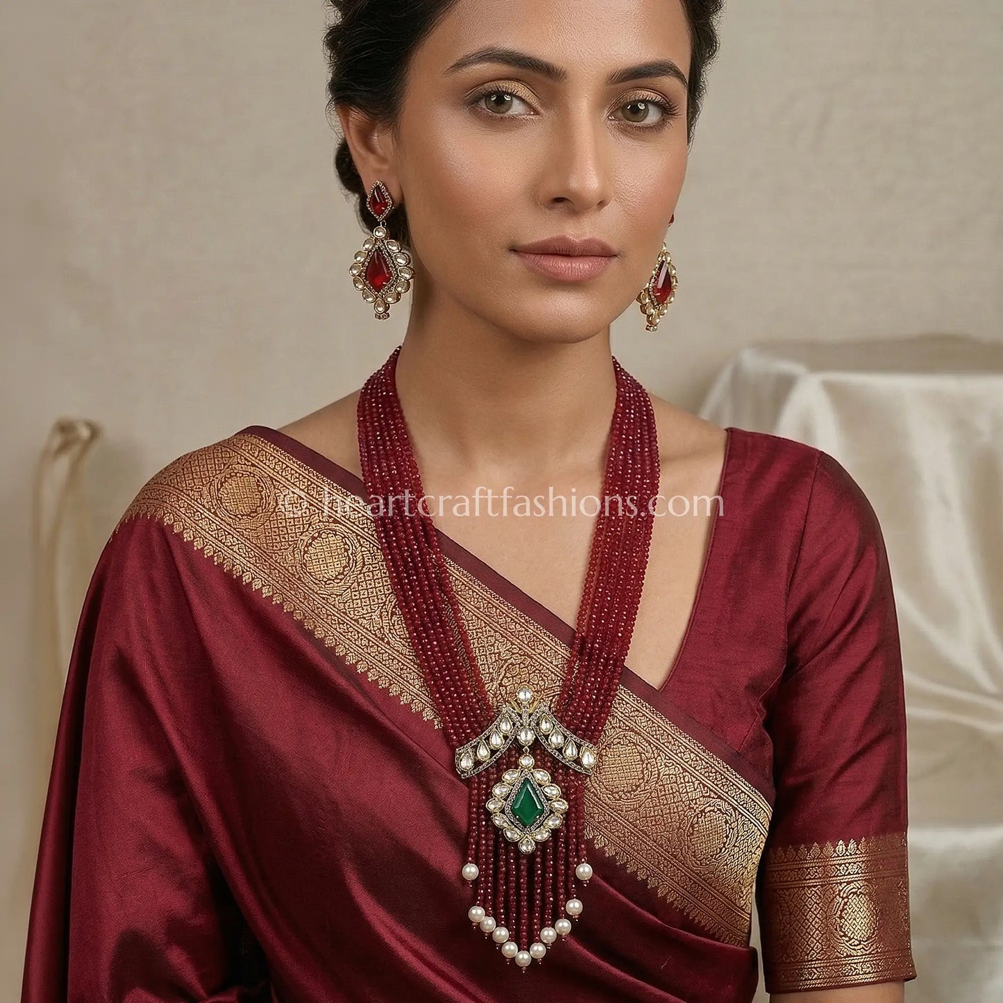 Grand Royal Ruby Red & Green Doublet Onyx Pirohi Sunehri Kundan Necklace