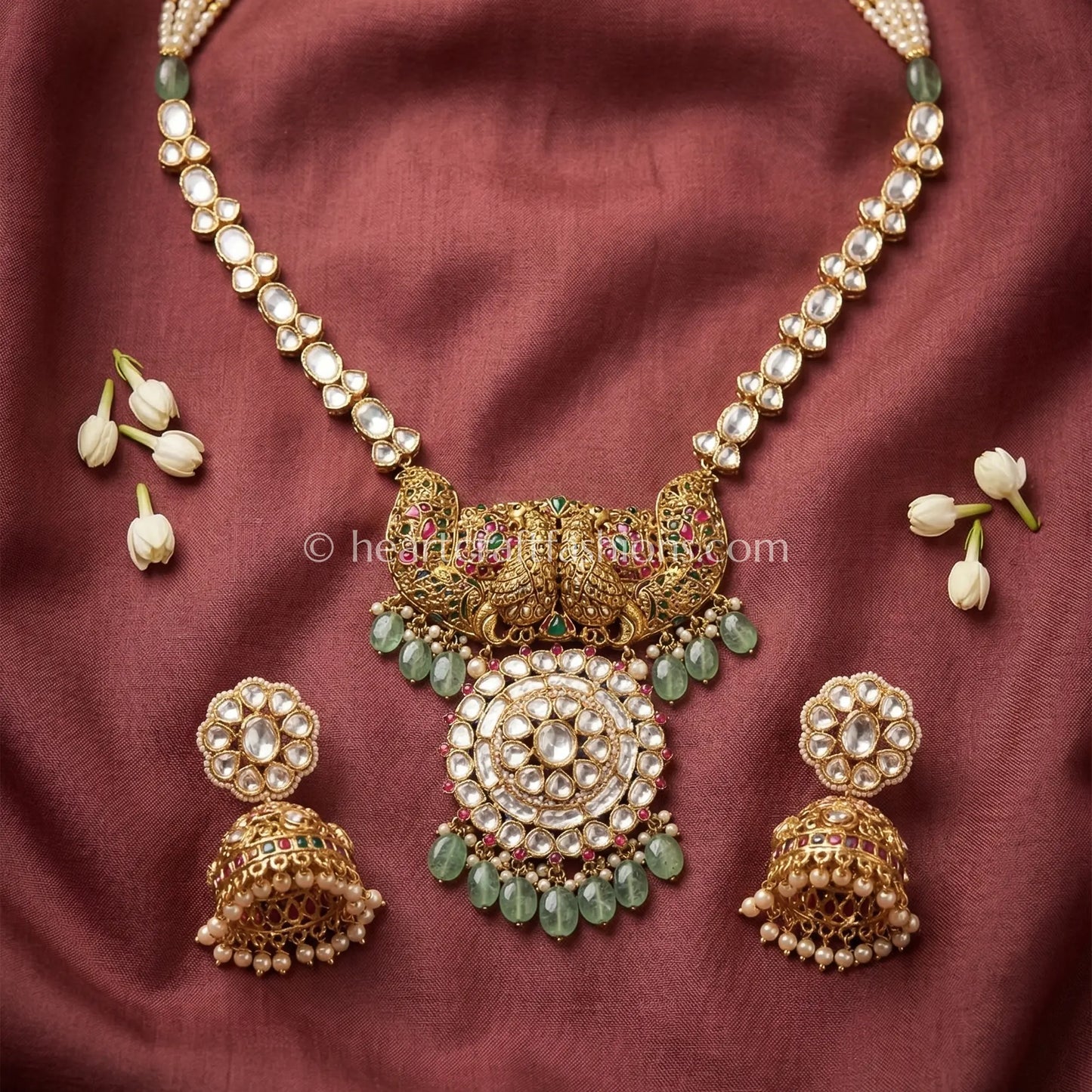 Green Drop Moissanite Rajputana Rani Haar Set