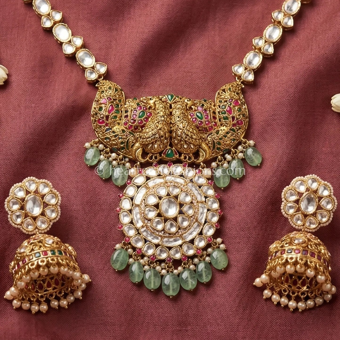 Green Drop Moissanite Rajputana Rani Haar Set
