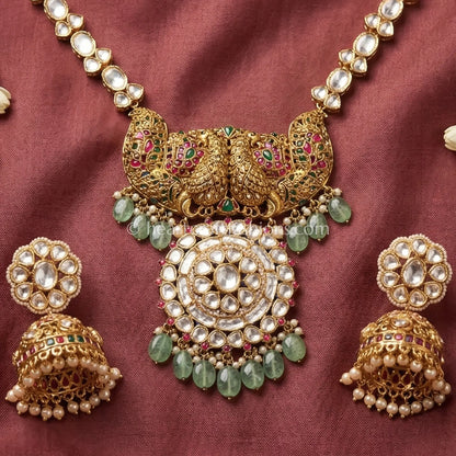 Green Drop Moissanite Rajputana Rani Haar Set