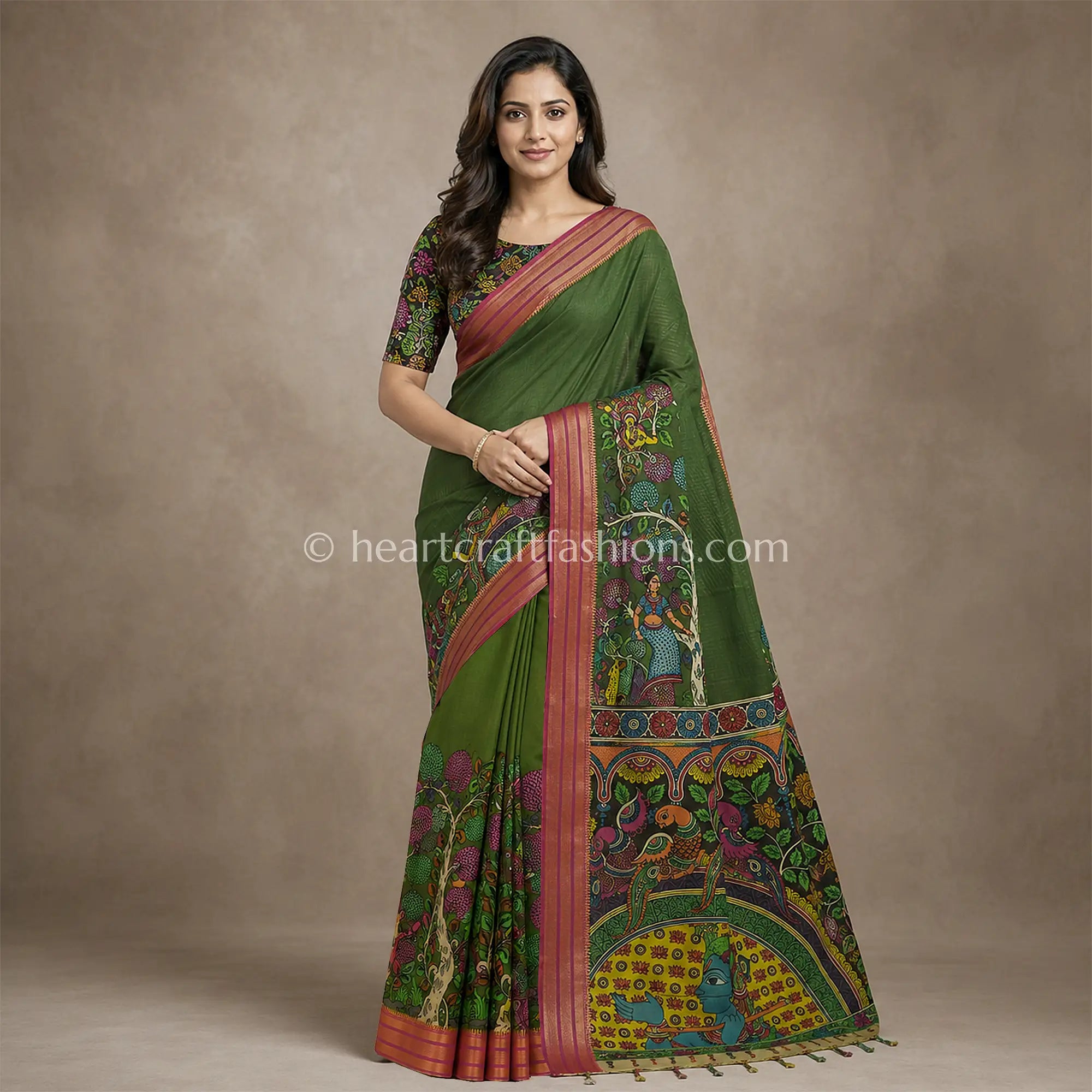 Green Multicolor Pen Kalamkari Bangalore Silk Saree