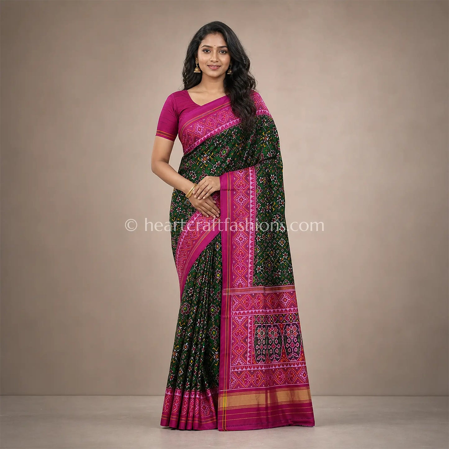 Green & Rani Pink Traditional Patola Silk Saree