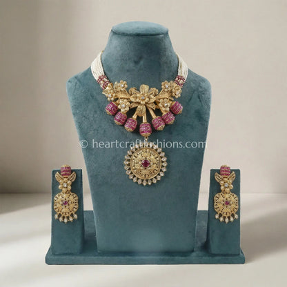 Gul Pushp Gold Kundan Pendant Necklace Set