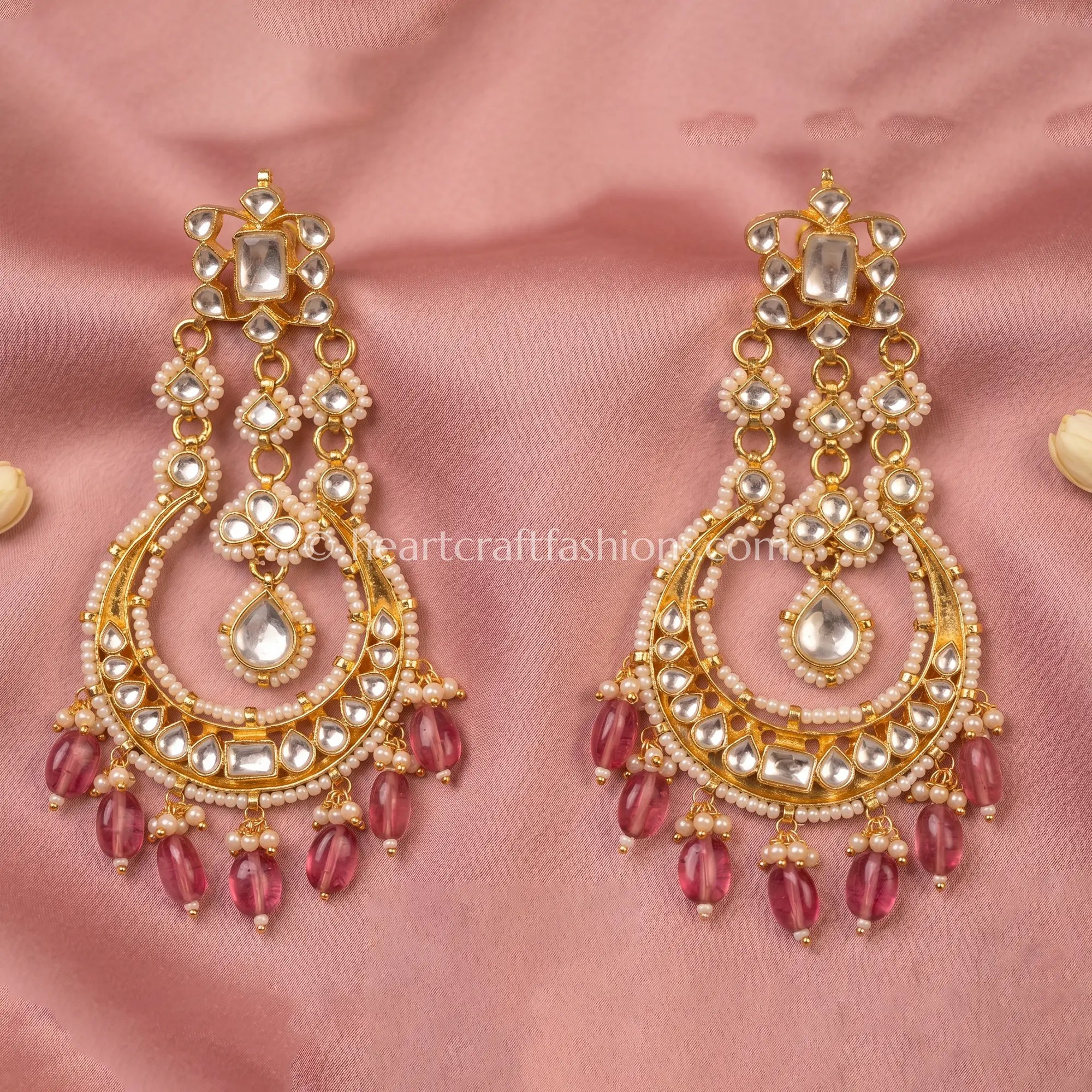Gulrang Pink Pachi Kundan Chandbali Earrings