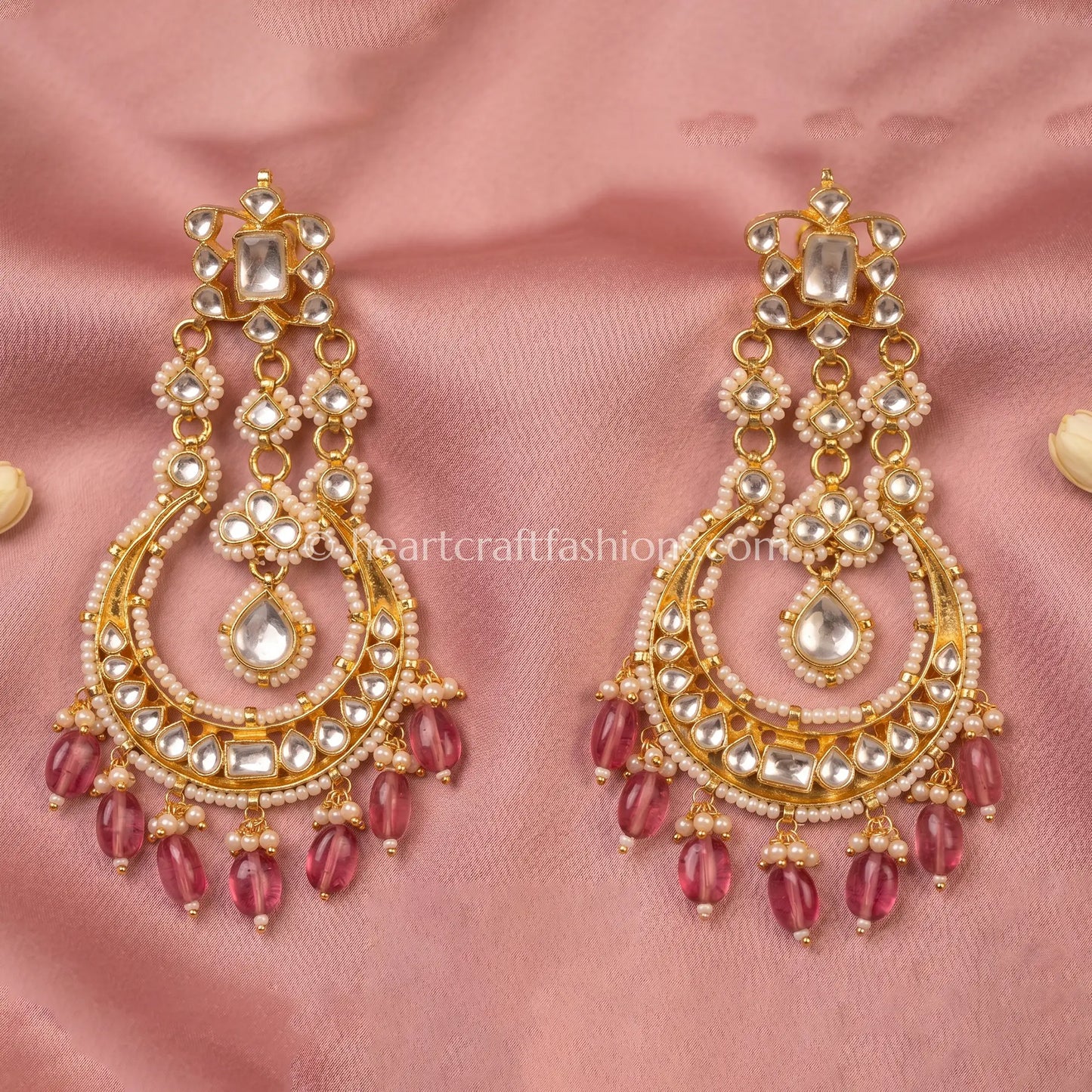 Gulrang Pink Pachi Kundan Chandbali Earrings