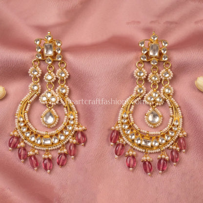 Gulrang Pink Pachi Kundan Chandbali Earrings