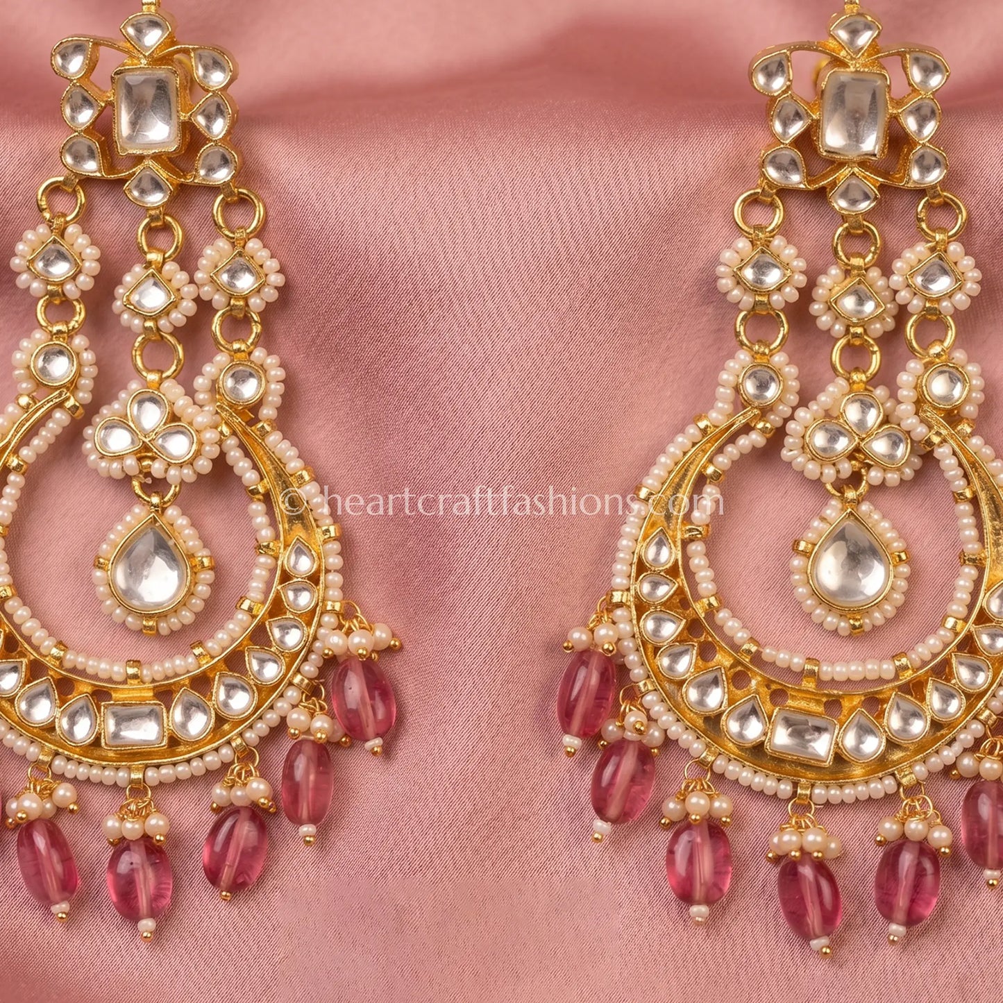 Gulrang Pink Pachi Kundan Chandbali Earrings