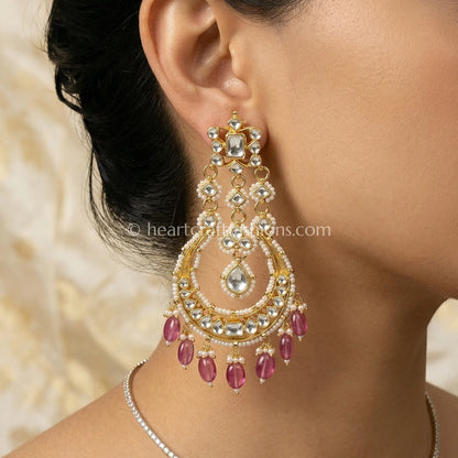 Gulrang Pink Pachi Kundan Chandbali Earrings