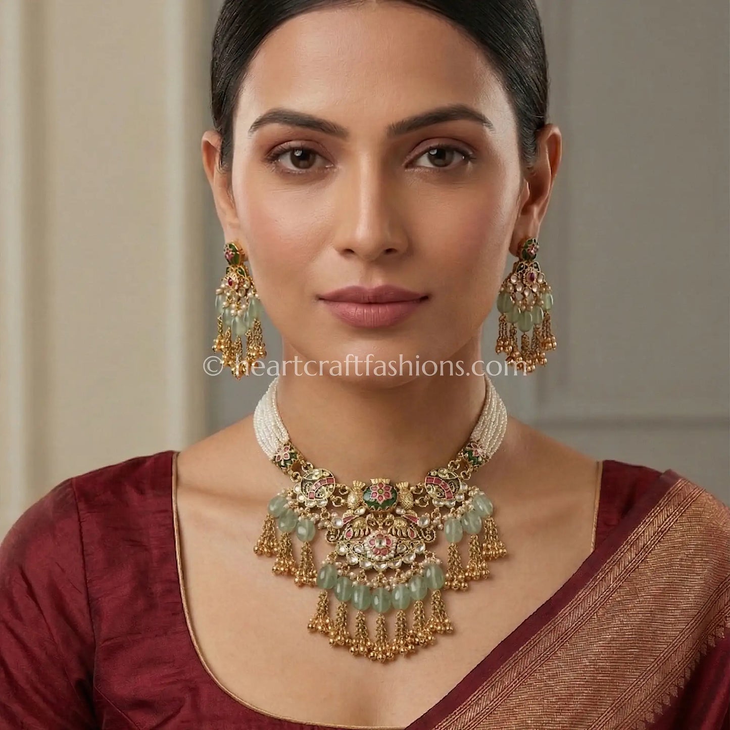Heritage Pachi Kundan Pearl Green Drop Choker