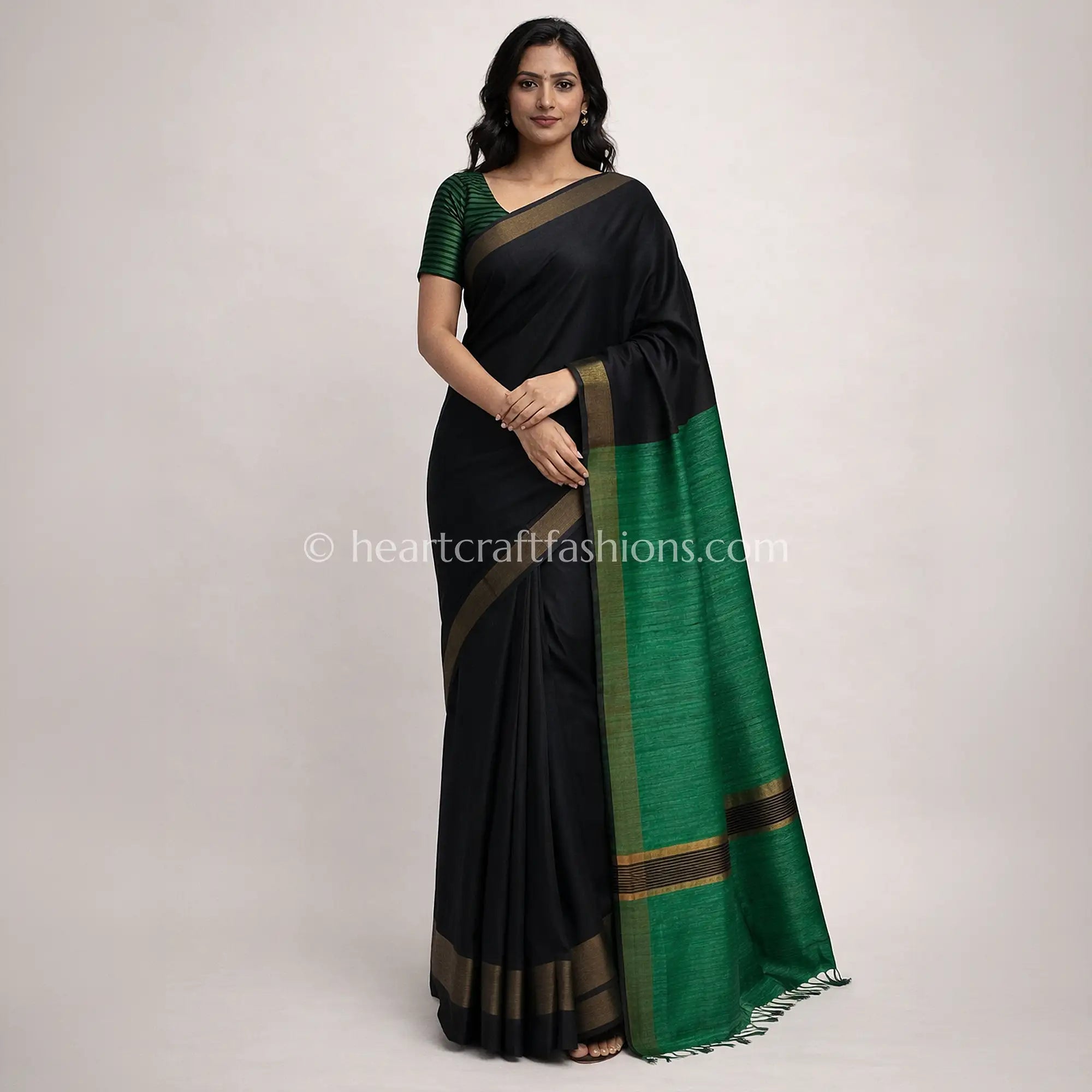 Half Tusser Half Silk Black Green Saree