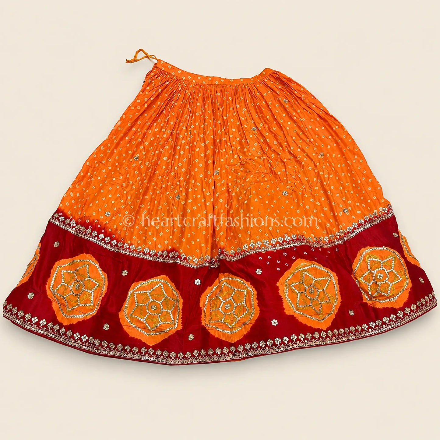 Handcrafted Mustard Orange & Red Bandhej Lehenga Set with Gharchola Dupatta