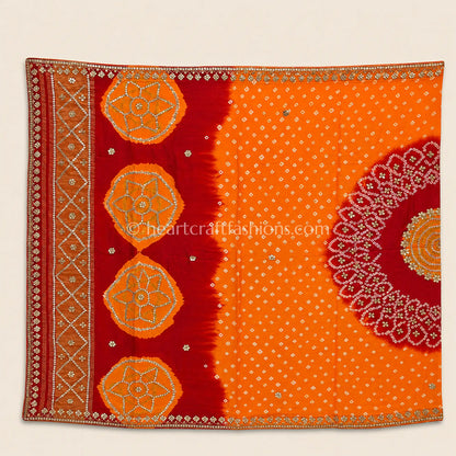 Handcrafted Mustard Orange & Red Bandhej Lehenga Set with Gharchola Dupatta