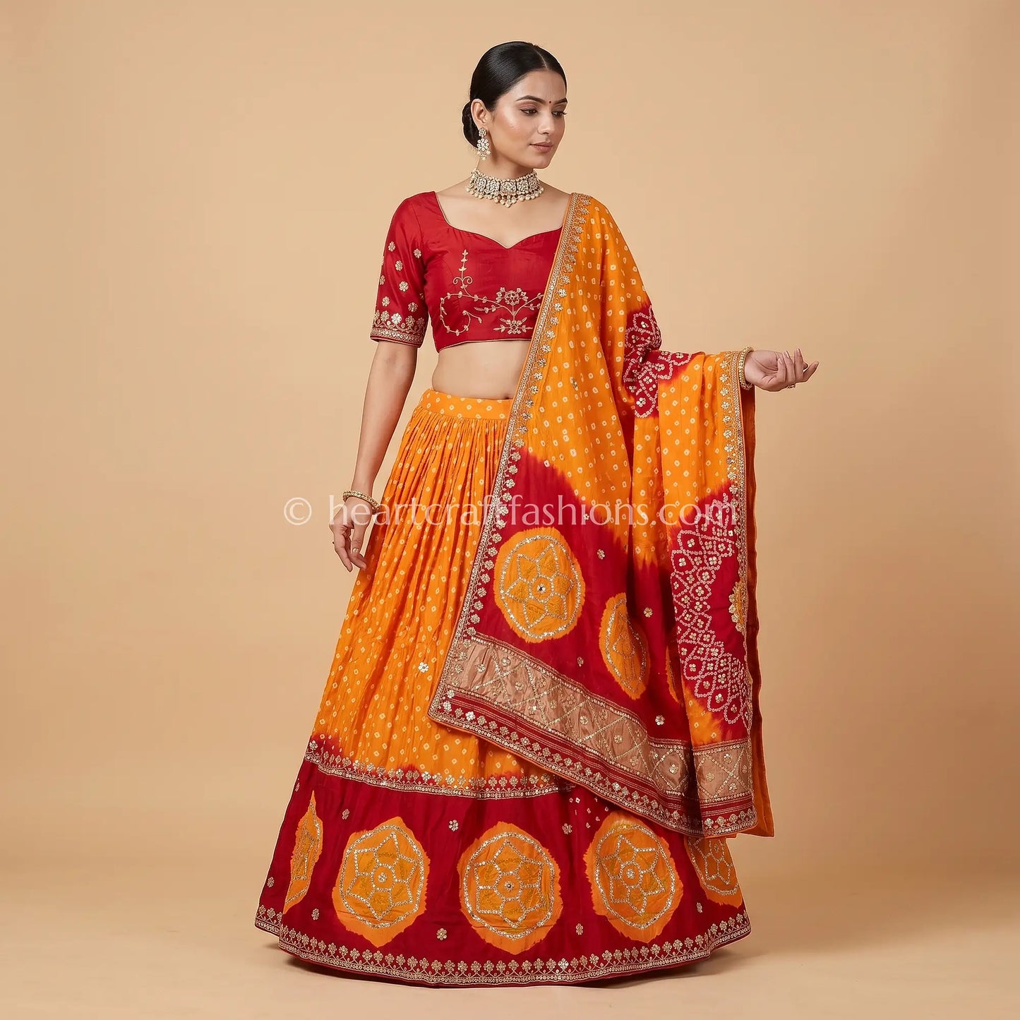 Handcrafted Mustard Orange & Red Bandhej Lehenga Set with Gharchola Dupatta