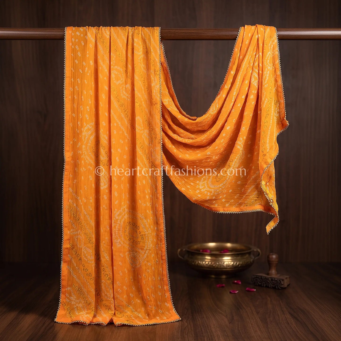 Handloom Peach Orange Chiffon Bandhej Dupatta