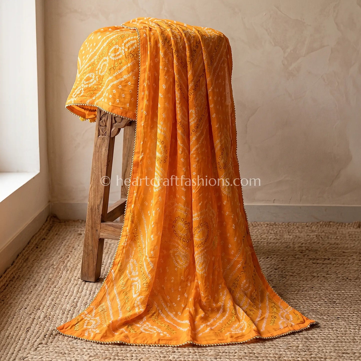 Handloom Peach Orange Chiffon Bandhej Dupatta