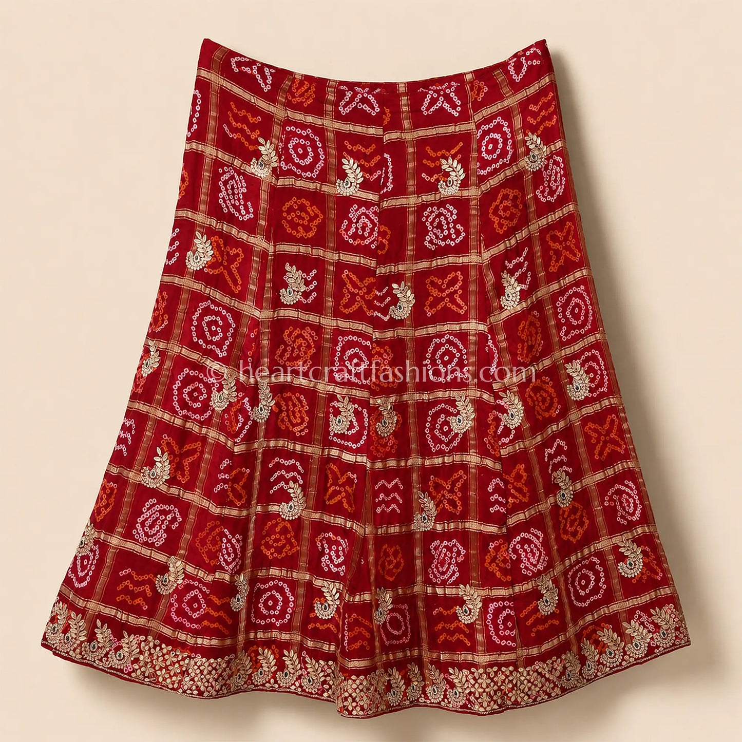 Handmade Red Gharchola Bandhej Lehenga Set with Gota Patti Work