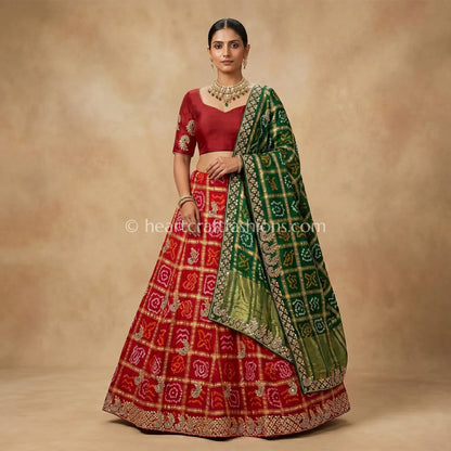 Handmade Red Gharchola Bandhej Lehenga Set with Gota Patti Work
